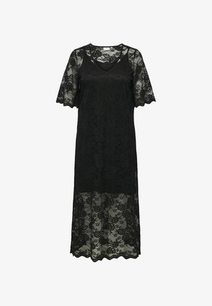 Rochie din dantelă neagră cu mâneci scurte, decolteu în V, model floral, textură transparentă și tiv ondulat. Coboară până la genunchi.