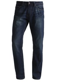 Vaqueros de denim azul oscuro con corte ajustado, diseño de cinco bolsillos y costuras en contraste. Presenta un cierre de cremallera y botón.