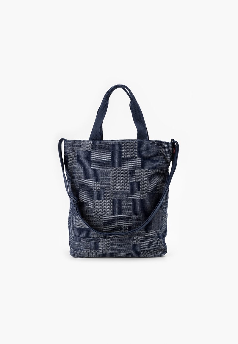 Borsa a tote in tessuto blu navy con doppie maniglie corte e una tracolla rimovibile. Presenta un motivo geometrico e una chiusura con zip.