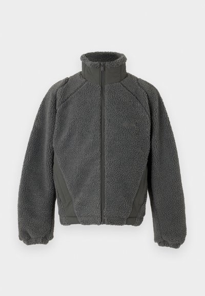 Jaqueta de lã cinza com gola alta, fecho à frente com zip e mangas raglan. Tecido suave e texturado com um painel cinza mais claro nas laterais.