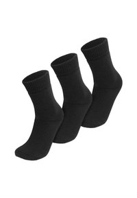 Schwarze Knöchelsocken im Dreierpack, gefertigt aus einem weichen, dehnbaren Material. Sie verfügen über gerippte Bündchen und eine glatte Oberfläche. Ideal für den täglichen Gebrauch.