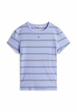 Light blue striped t-shirt with subtle ribbed texture, featuring horizontal dark stripes and a small logo on the chest. Short sleeves.