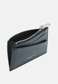 Zielony skórzany portfel z srebrnym zamkiem błyskawicznym, wyposażony w wiele kieszeni na karty, o fakturowanej powierzchni, z nadrukowanym na biało logo "LIEBESKIND".