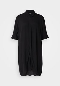 Schwarzes, kurzärmliges Hemdkleid aus leichtem Material. Verfügt über einen Kragen, eine durchgehende Knopfleiste und eine lockere, verlängerte Silhouette.