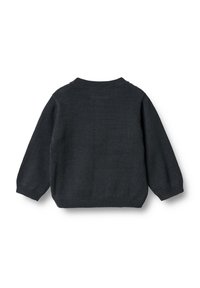 Musta harmaa neulepaita, jossa on pitkät hihat, ribbaus kaula-aukossa ja helmoissa. Tekstuuri on sileä ja siinä on hieno kuviointi koko matkalta.