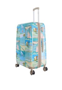 Hartschalenkoffer mit einem blauen und pastellfarbenen Grafikdesign, das Phrasen und Strandmotive zeigt. Zwei glatte Räder und ausziehbarer Griff.