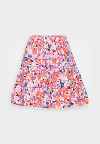 Saia em camadas com um padrão floral colorido nas tonalidades de rosa, laranja e azul. Feita de um tecido leve com cintura elástica.