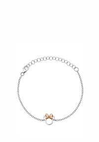 Silverfärgad kedjearmband med en cirkulär berlock som har en detalj i roséguld i form av en sløyfa. Minimalistisk design med en delikat textur. Justerbar längd.