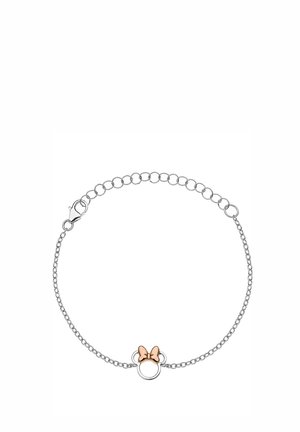Silberne Kettenarmband mit einem runden Anhänger und einem Detail in Roségold in Form einer Schleife. Minimalistisches Design mit einer filigranen Textur. Längenverstellbar.