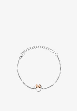 Bracciale in argento con ciondolo circolare e dettaglio in oro rosa a forma di fiocco. Design minimale con una texture delicata. Lunghezza regolabile.