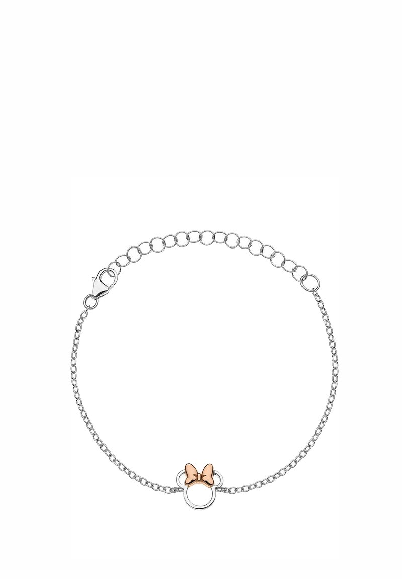 Silverfärgad kedjearmband med en cirkulär berlock som har en detalj i roséguld i form av en sløyfa. Minimalistisk design med en delikat textur. Justerbar längd.