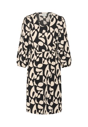 Schwarz-weißer Kleid mit einem auffälligen abstrakten Muster, langärmlig, mit quadratischem Ausschnitt und gebundenem Taillenbereich. Strukturiert. 