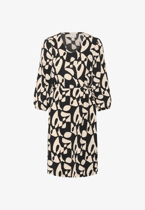 Schwarz-weißer Kleid mit einem auffälligen abstrakten Muster, langärmlig, mit quadratischem Ausschnitt und gebundenem Taillenbereich. Strukturiert.