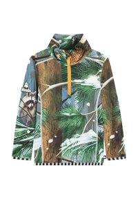 Långärmad fleece-tröja med en naturinspirerad design som har gröna träd, brun bark och en tvättbjörn, kompletterad med en gul dragkedja.