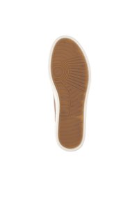 Shoe sole featuring a textured light brown rubber bottom with a white edge, curved shape, and patterned grooves for traction.