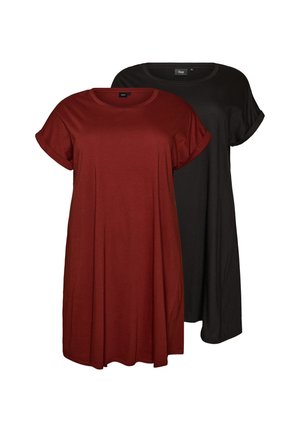 Dve voľné šaty s krátkym rukávom a zrolovanými manžetami, jedna v hrdzavo červenej farbe a druhá v čiernej, zobrazené na bielom pozadí.