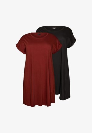 Dve voľné šaty s krátkym rukávom a zrolovanými manžetami, jedna v hrdzavo červenej farbe a druhá v čiernej, zobrazené na bielom pozadí.