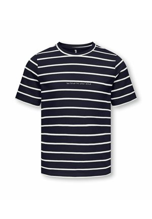 Tumesinine lühikeste varrukatega T-särk valgete horisontaalsete triipudega ja tekstiga „ole oma mõistuse vastu lahke“ rinnal keskpunktis.