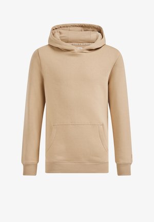 Beżowa, zakapturzona bluza wykonana z miękkiego materiału. Posiada przednią kieszeń kangurską, ściągacze przy mankietach oraz u dołu. Prosty design bez wzorów czy dodatkowych elementów.