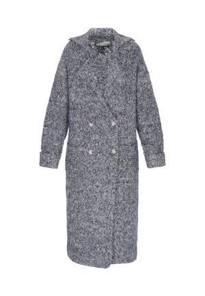 Dlouhý šedobílý pletený kabát z vlněné směsi s dvojitým zapínáním, širokým límcem a manžetovými rukávy, velikost XS/S.