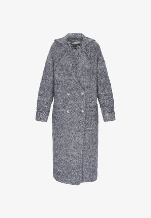 Dlouhý šedobílý pletený kabát z vlněné směsi s dvojitým zapínáním, širokým límcem a manžetovými rukávy, velikost XS/S.