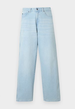 Lyseblå denimjeans med høj talje, vide ben, subtil forvaskning, fem lommer og knaplukning, med en lige snit og kant.