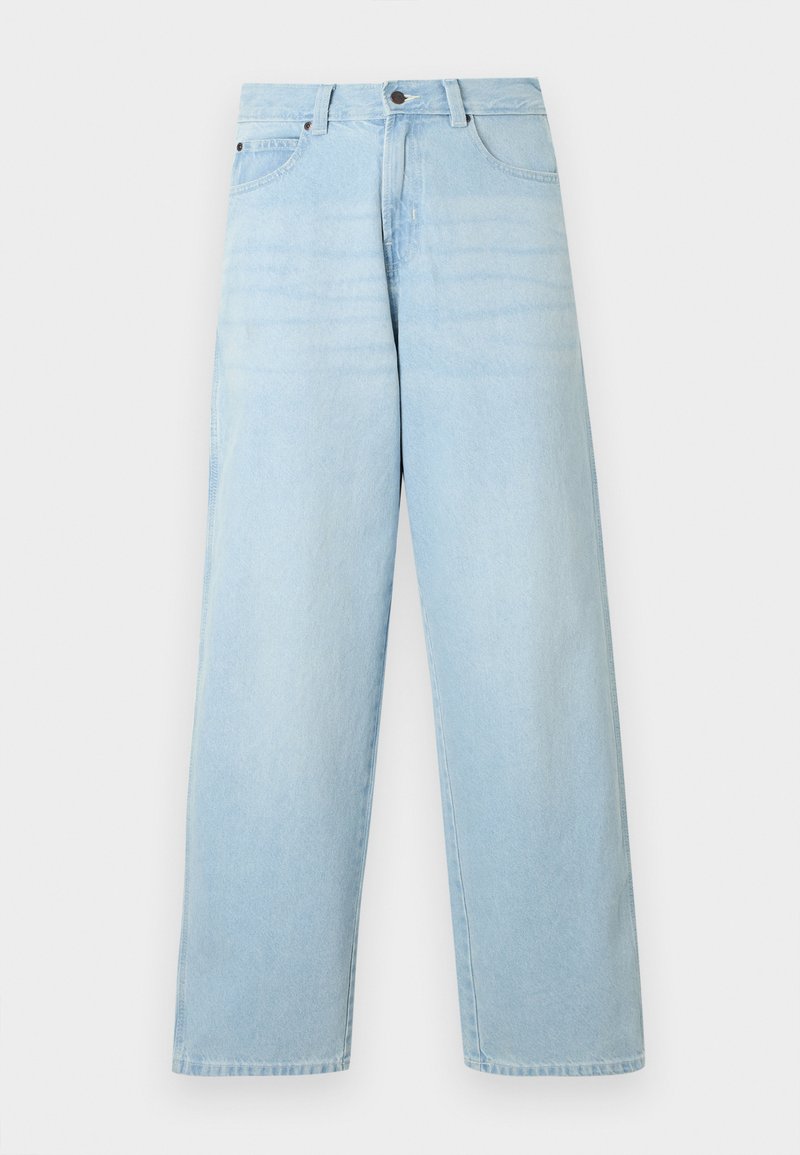 Lichtblauwe denim jeans met een hoge taille, wijde pijpen, subtiele vervaging, vijf zakken en knoopsluiting, met een rechte snit en zoom.