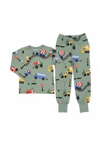 Grönt pyjamas-set bestående av en långärmad topp och byxor, prydda med färgglada fordonillustrationer, vägar och trafikskyltar.