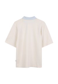 Chemise crème à manches courtes avec des rayures verticales jaunes, dotée d'un col côtelé bleu clair. Fabriquée en coton doux, coupe décontractée.