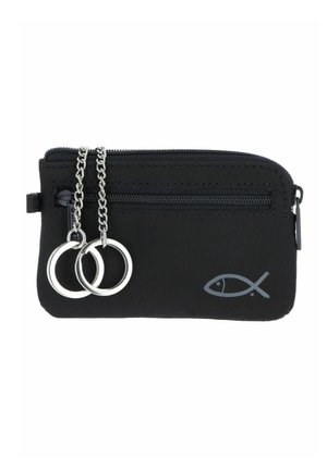 Small black zippered pouch with two silver key rings attached by chains, featuring a small fish symbol on the front lower right side.