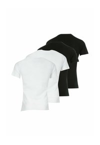 Ensemble de quatre t-shirts en noir et blanc. Manches courtes, col rond, en tissu coton, texture lisse sans motifs ni embellissements.
