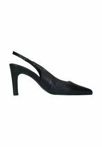 Escarpin slingback en cuir noir pour femmes avec un nez pointu et un talon de hauteur moyenne, présenté en profil latéral.