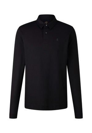 Černé polo tričko s dlouhým rukávem vyrobené z látky s hladkou texturou; má límec, tři knoflíky a nenápadné logo na hrudi.