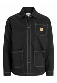 Black jacket with a button front, collar, two front pockets, and a chest pocket. Features white stitching and a small logo patch.