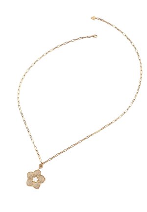 Gouden ketting met een bloemenhanger met een textuurdesign, op een schakelkettinkje. De hanger heeft vijf bloemblaadjes en een centrale uitsnijding.
