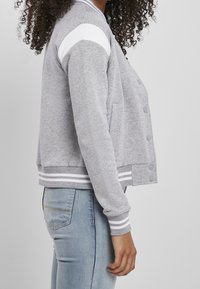 Gray sweatshirt with white accents, ribbed cuffs, and hem. Features snap buttons and side pockets. Soft, textured fabric, cropped design.