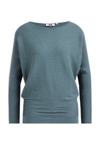 Sweter z szerokim dekoltem i długim rękawem w stonowanym odcieniu morskim, z prążkowaną strukturą i luźnym krojem, delikatnie opadający w talii.