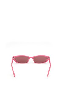 Růžové sluneční brýle s obdélníkovými skly, hnědé tónované, s štíhlými stranami a hladkým plastovým rámem. Žádné viditelné logo ani vzory.