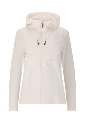 Lichtgewicht witte jas met een capuchon, ritssluiting en twee borstzakken. Voorzien van trekkoorden voor aanpassing en een gladde, lichtjes gestructureerde stof.