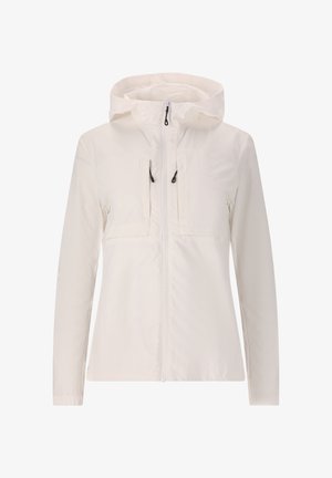 Lichtgewicht witte jas met een capuchon, ritssluiting en twee borstzakken. Voorzien van trekkoorden voor aanpassing en een gladde, lichtjes gestructureerde stof.