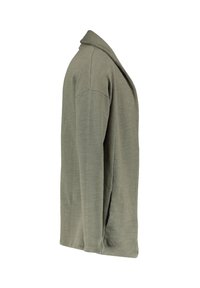 Olivově zelený svetr z texturované látky se šálovým límcem, dlouhými rukávy a bočními rozparky pro snadný pohyb.