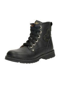 Zwarte leren enkellaars met een gestructureerde afwerking, ronde neus, goudkleurige oogjes, zwarte veters en een hartvormige accent met studs.