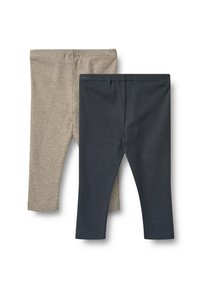 Kaksi leggings-paria: yksi vaalea beige ja yksi tumma laivastonsininen. Molemmat ovat valmistettu pehmeästä, joustavasta kankaasta, jossa on sileä rakenne ja tiukka muotoilu.