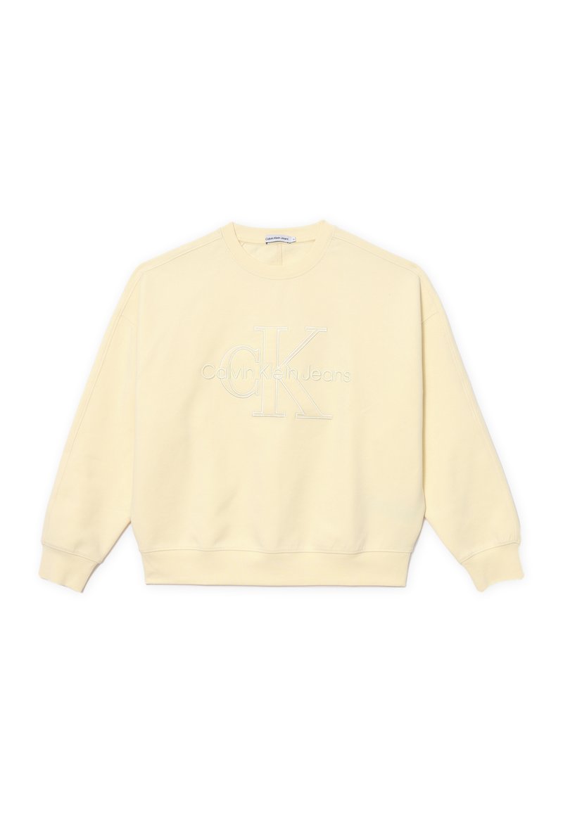 Felpa gialla chiaro realizzata in tessuto morbido, con collo a giro, maniche lunghe e logo "Calvin Klein Jeans" in rilievo sul davanti.