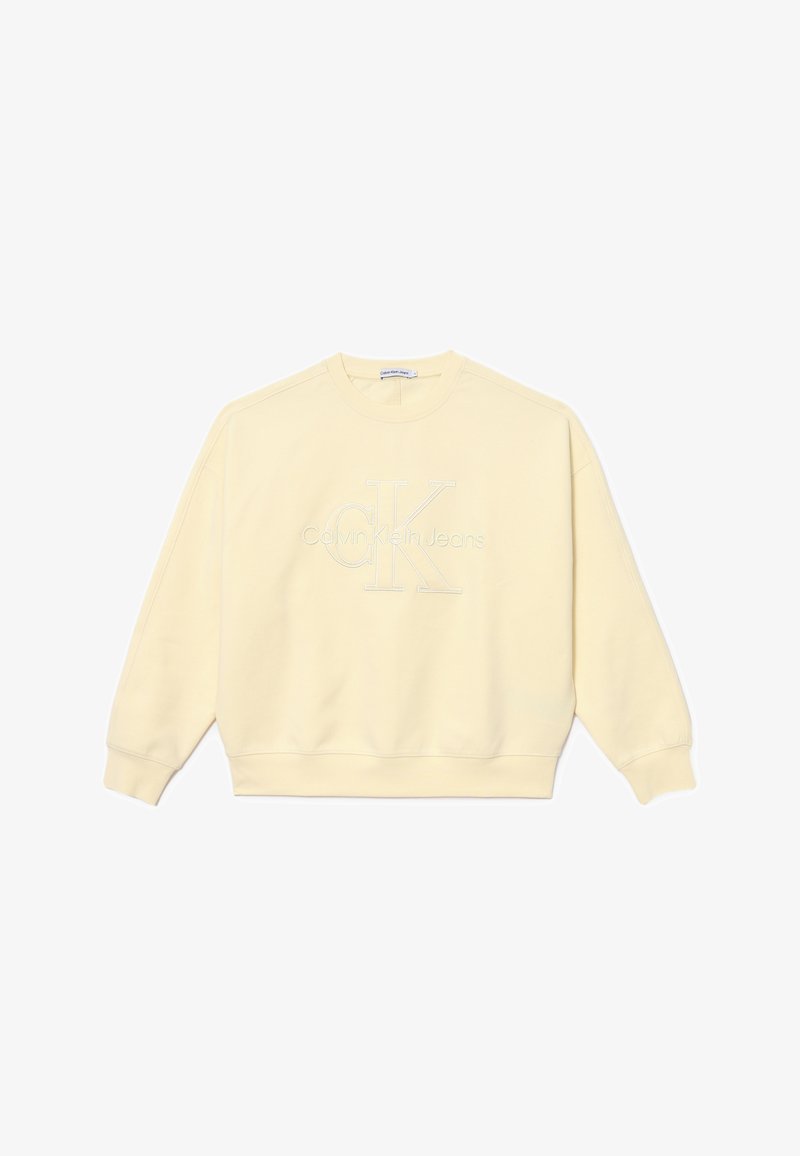 Felpa gialla chiaro realizzata in tessuto morbido, con collo a giro, maniche lunghe e logo "Calvin Klein Jeans" in rilievo sul davanti.