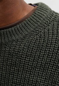 Knitted green sweater with a textured pattern, featuring a contrasting brown ribbed neckline. Close-up view of fabric and stitching details.
