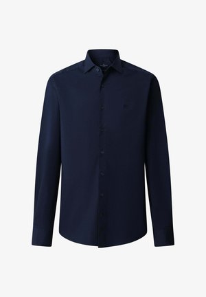 Camicia a maniche lunghe blu navy in tessuto liscio, con colletto abbottonato, bottoni anteriori e un piccolo logo sul petto a sinistra.