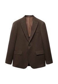 Brauner Blazer mit glatter Textur, Ein-Knopf-Verschluss, fallenden Revers und zwei Fronttaschen. Gefüttertes Innenfutter in einer komplementären Farbe.