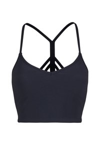 Zwarte geribbelde bralette met een driehoekige halslijn en gekruiste rugbandjes. Gladde textuur, aansluitend ontwerp en geen extra versieringen.