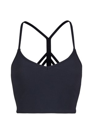 Bralette negro con canalé, de escote triangular y tirantes cruzados en la espalda. Textura suave, diseño ajustado y sin adornos adicionales.